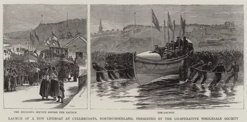 Start eines neuen Rettungsbootes in Cullercoats, Northumberland, präsentiert von der Co-Operative Wholesale Society